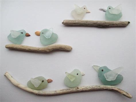Six Sea Glass And Shell Birds On Driftwood Perches Sea Glass Crafts Sea Glass Sea Glass Art