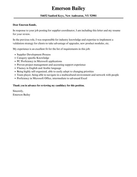 Supplier Coordinator Cover Letter Velvet Jobs