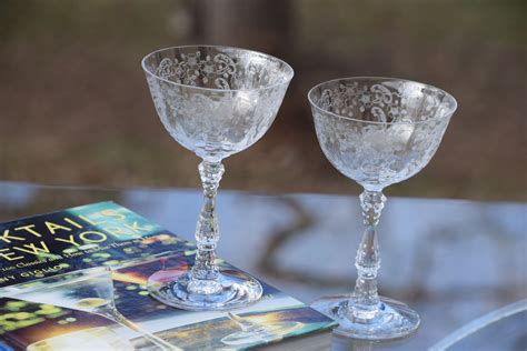 Vintage Needle Etched Crystal Cocktail Martini Glasses Set Of Etsy Vintage Cocktail Glasses