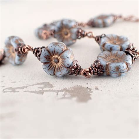 Artisan Czech Glass Flower Bracelet Matte Dusty Blue And Etsy