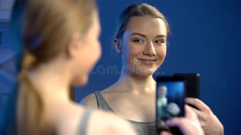 Beautiful Young Lady Making Selfie In Mirror Reflection For Social Nets Fun Stock Image Image