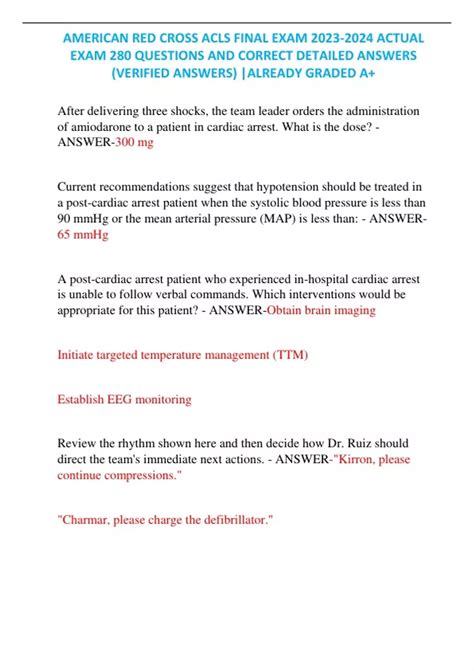 AMERICAN RED CROSS ACLS FINAL EXAM ACTUAL EXAM 280 QUESTIONS AND