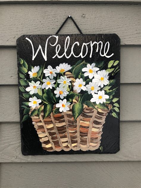Painted slate welcome sign, Basket of Daisies Slate ...