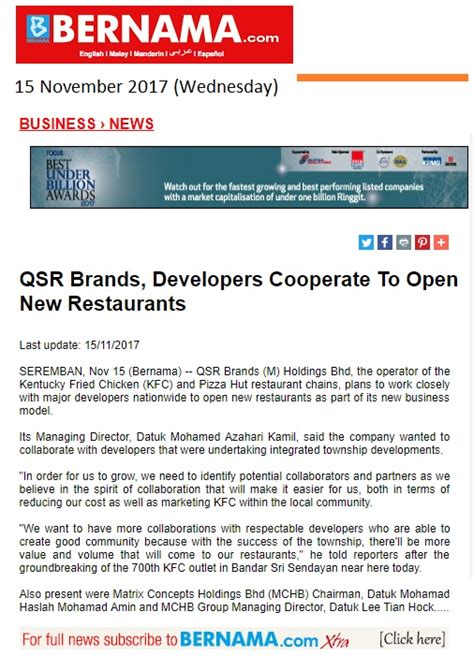 Headquartered in kuala lumpur, malaysia, the company operates the following. QSR Brands, Developer Cooperate to open new restaurants ...