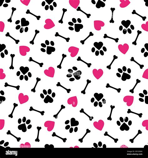 Cute Dog Paw Hearts And Dog Bone Pattern Funny Vector Drawing