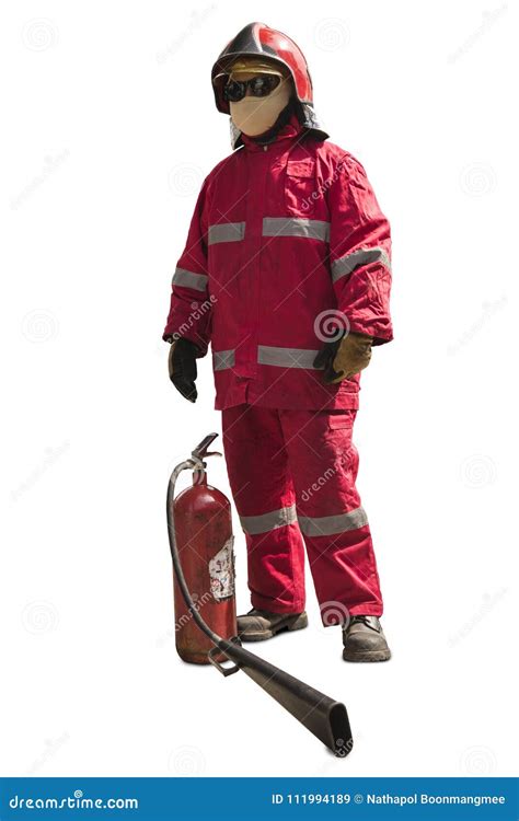 Firefighter With Mask And Fully Protective Suit On Fire Backgrou Stock