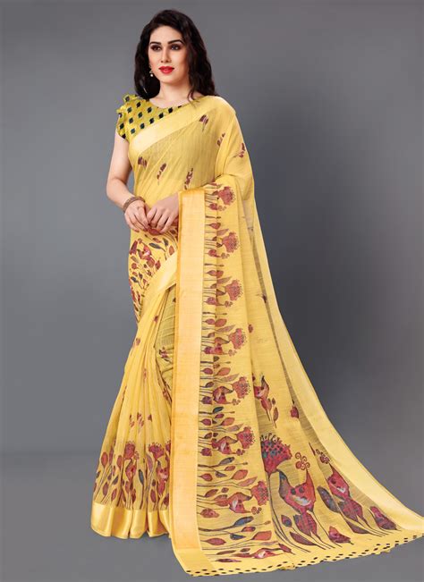 Shop Online Yellow Printed Classic Saree 162313 Saree