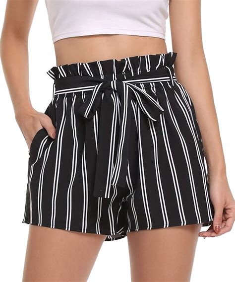 Peiqi Womens High Waisted Shorts Striped Ruffle Elastic Waist Summer