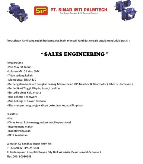 Yang ditampilkan di sini adalah iklan lowongan yang sesuai dengan kueri anda. Lowongan Kerja Medan Terbaru SALES ENGINERING di PT SINAR INTI PALMTECH - POSKERJAMEDAN.COM