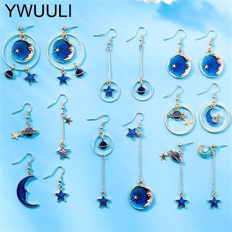 blue universe star moon dangle drop earrings for women elegant long tassel earings cute korean