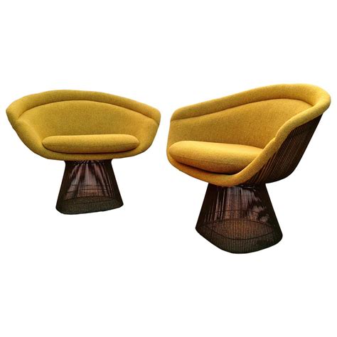 Mid Century Modern Knoll Warren Platner Lounge Chairs With Bronze Wire