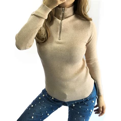 Zipper Turtleneck Solid Women Sweater Skinny Elastic Knitted Full