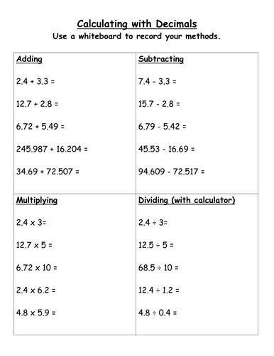 Decimals Add Subtract Multiply Divide By Stericker Teaching