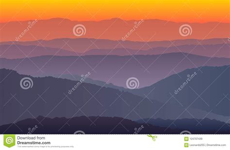 Landscape With Purple Orange Silhouettes Of Mountains Stock Vector