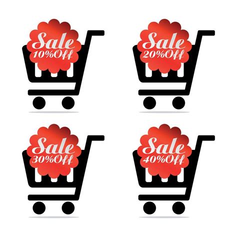 Red Sale Icons Set 10 20 30 40 Percent Off With Shopping Trolley