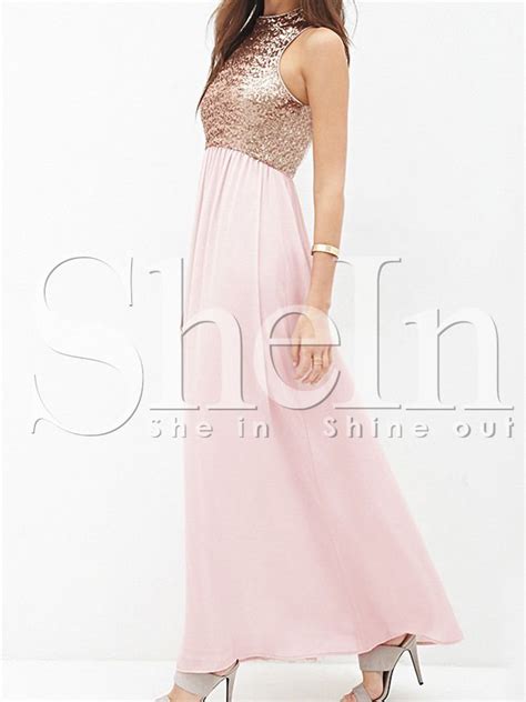 Pink Sleeveless Sequined Maxi Dress Sheinsheinside Dresses Maxi