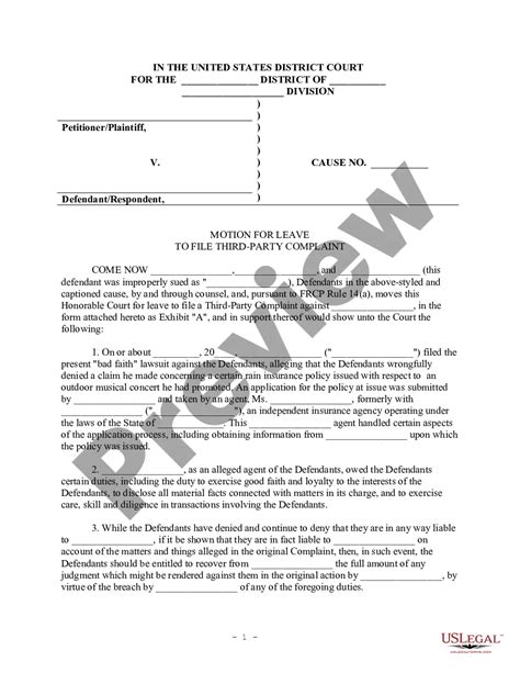 Motion For Leave To File Third Party Complaint Complaint Third Party Us Legal Forms