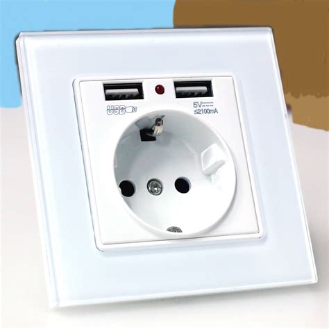 Eu Wall Power Plug Socket With Usb Outlet Glass 2a Dual Usb Charger