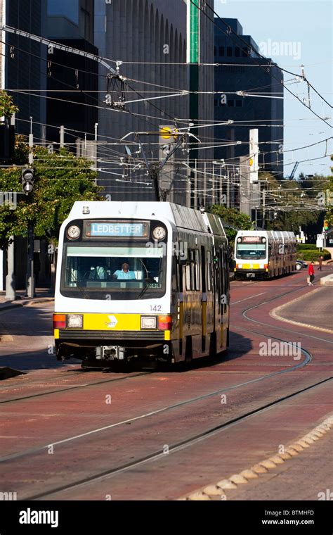 Dallas Area Rapid Transit Dart Light Rail Trains Meet In Downtown