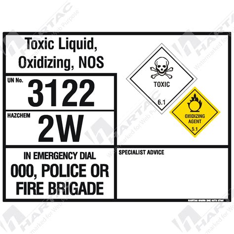 Emergency Information Panel Hazchem Sign Eip Toxic Liquid Oxidising