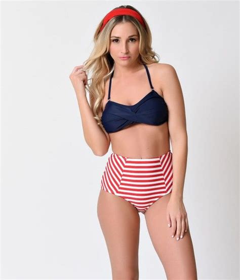 Retro Sailor Style Navy Red White Stripe Bandeau High Waist Bikini