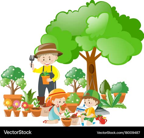 Man And Kids Planting Trees Royalty Free Vector Image