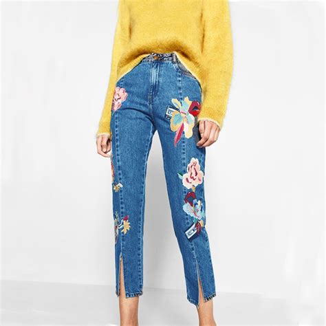 Female Jeans 2017 Fashion Women High Waist Jeans Split Embroidery Floral Pattern Casual Pencil