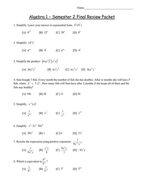 Algebra 1 Semester 2 Final Exam Study Guide Study Poster