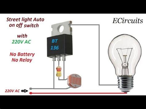 The circuit diagram present here is that of a street light that automatically switches on when the night falls and turns off when the sun rises. Automatic street light on off dricetly with 220ac no relay ...