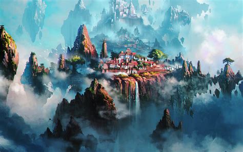 Av36 Cloud Town Fantasy Anime Liang Xing Illustration Art Green Wallpaper