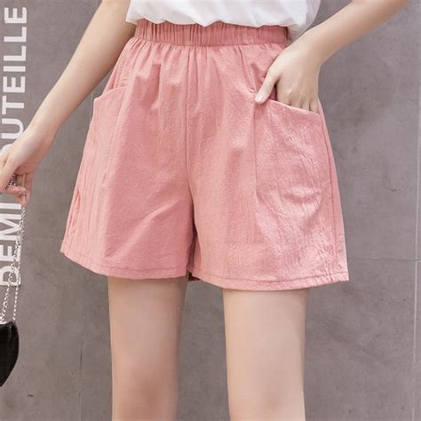 Sweet High Elastic Waist Summer Cotton Linen Shorts Women Loose Korean Hot Short Pants Casual