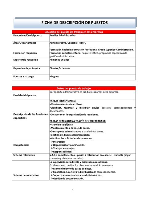 FICHA DE DESCRIPCIÓN DE PUESTOS