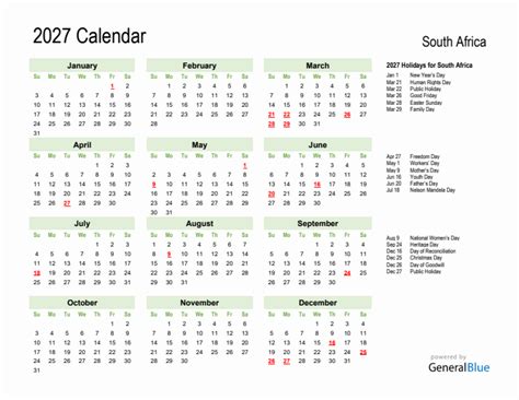 Holiday Calendar 2027 For South Africa Sunday Start