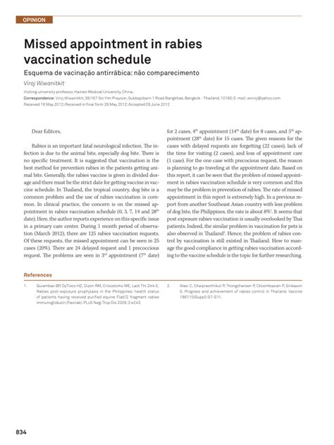 Pdf Missed Appointment In Rabies Vaccination Schedule