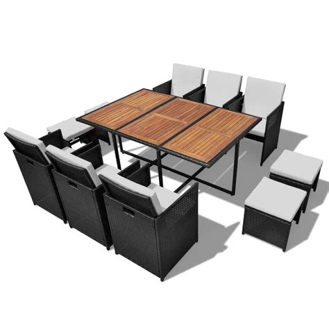 11 Piece Outdoor Dining Set Poly Rattan and Acacia Wood Black - Furniturre