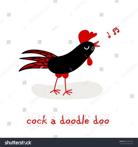 Cute Hand Drawn Rooster Sings A Song Cartoon Vector Illustration Inscription Cock A Doodle