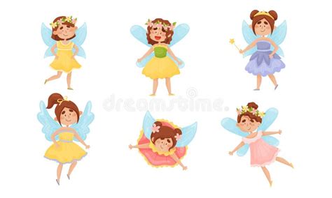 Cute Winged Fairies Or Pixies In Pretty Dresses Flying Holding Magic