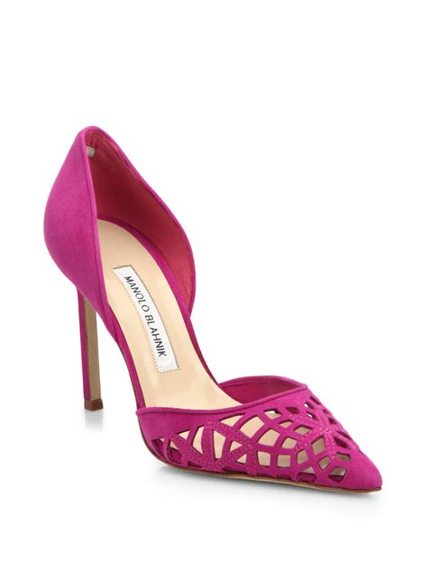 Shop with afterpay on eligible items. Manolo blahnik Laser-cut Suede D'orsay Pumps in Pink | Lyst