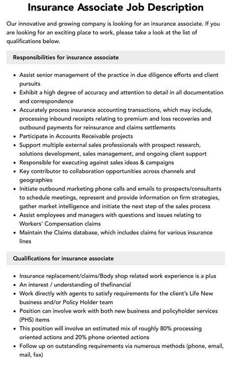 Insurance Associate Job Description | Velvet Jobs