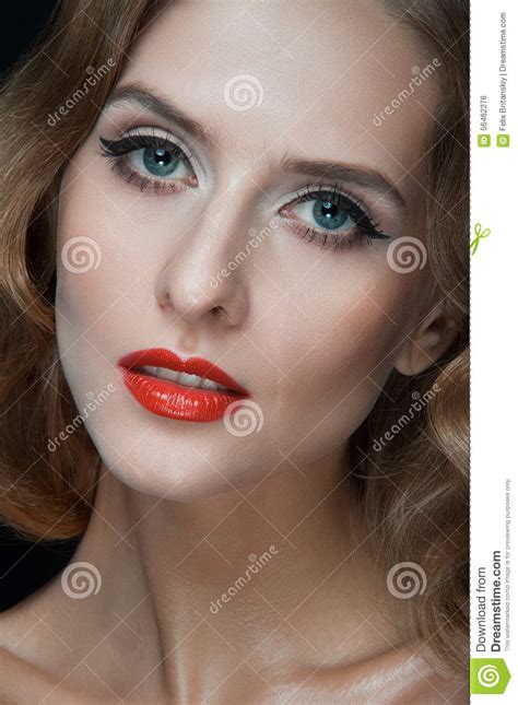 Portrait Of Beautiful Young Women With Red Lips Stock