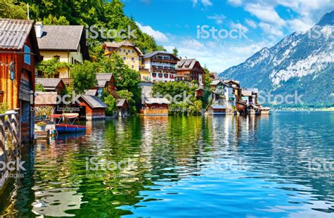 Hallstatt Austria View To Hallstattersee Lake And Alps Mountains