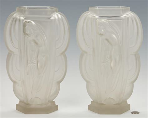 pair french etling art deco glass vases