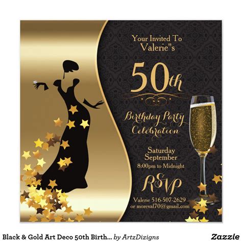 Black And Gold Art Deco 50th Birthday Invitation In 2020