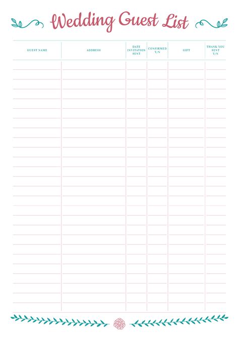 Printable Wedding Guest List With T Section Pdf Download Guest