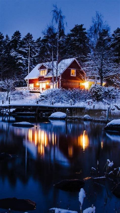 Snow Covered Cabin In Sweden Wallpaper Backiee