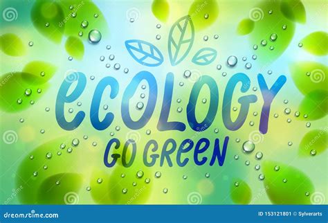 Ecology Word Drawn On A Window Fresh Green Leaves And Water Rain Drops