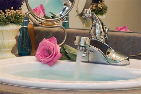 Running Water In Bathroom Sink Stock Image Image Of Rose Pouring
