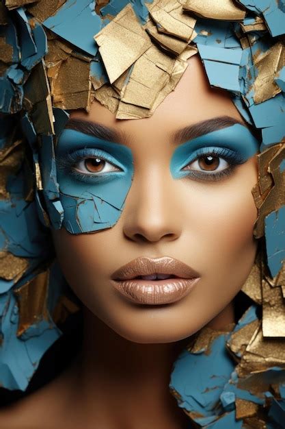 Premium Ai Image Beautiful Woman With Gold And Blue Makeup Ai