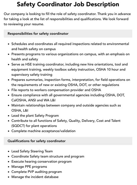 Safety Coordinator Job Description Velvet Jobs