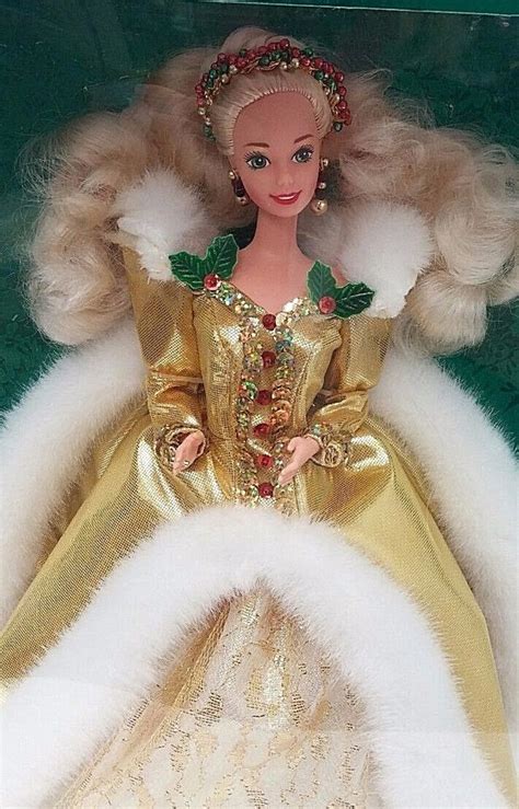 Happy Holidays Barbie Doll Nrfb Mattel Special Edition Gold Fur Gown Holiday Barbie